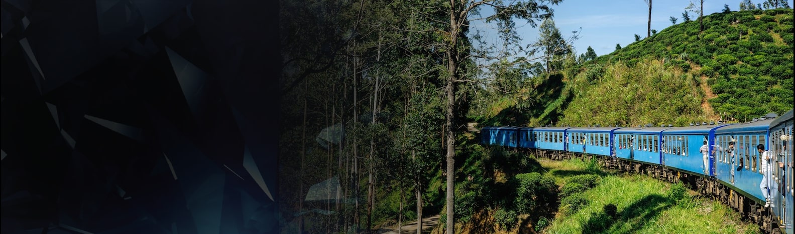 Blue train traveling through lush green hills and forest in Sri Lanka.